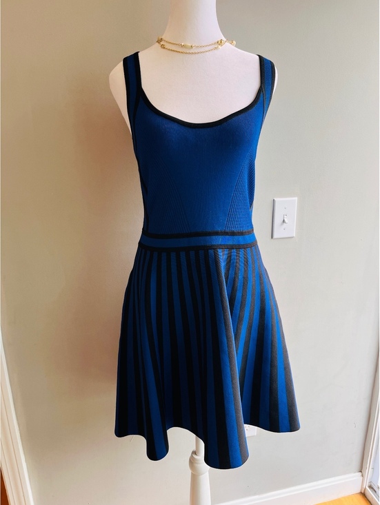 Guess Dresses & Skirts - GUESS Los Angeles Fit and Flare Blue Black Striped Bandage Knit Dress Large